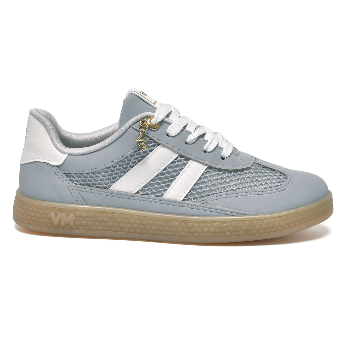 Tênis casual feminino Via Marte modelo 277006-02 em azul calm blue com detalhes em mesh e faixa branca